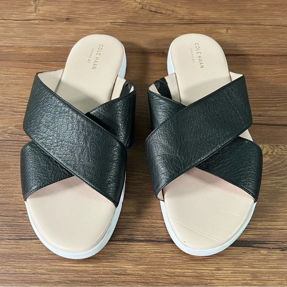 COLE HAAN‎ ZEROGRAND Criss Cross Black Leather Slides Sandals Women’s Size 9.5C
